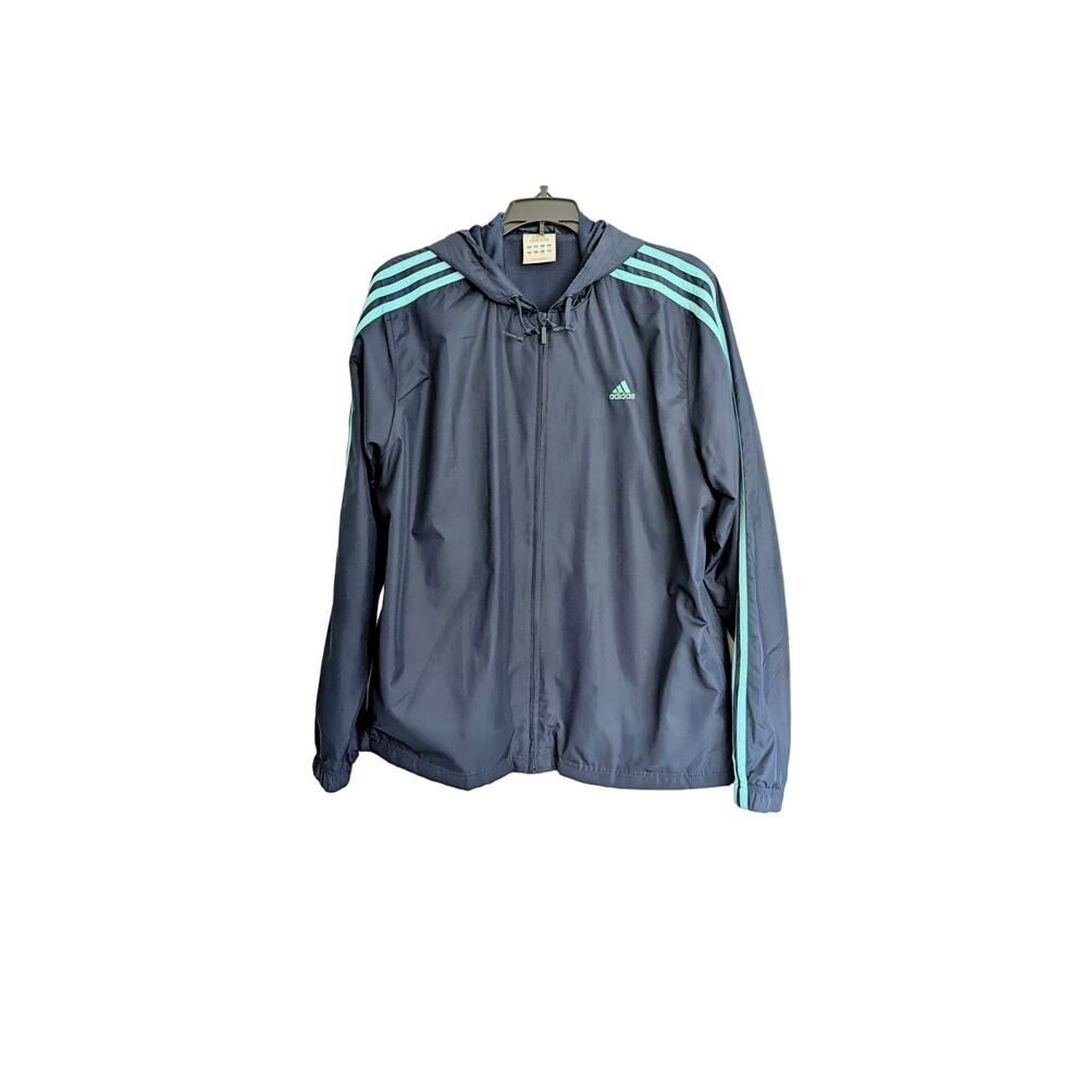 Adidas Womens Jacket Large Navy Blue Turquoise Windbreaker Lined Fall Autumn Y2K